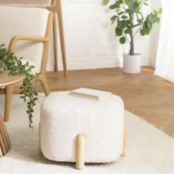 Pouf coffre rond tissu bouclette écru D58 cm COLOMBUS