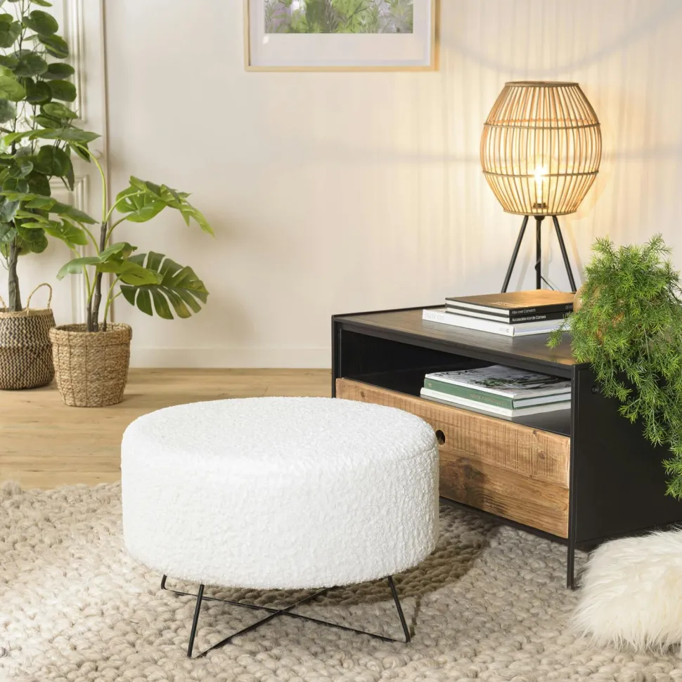 Pouf de salon blanc tissu bouclettes TIM