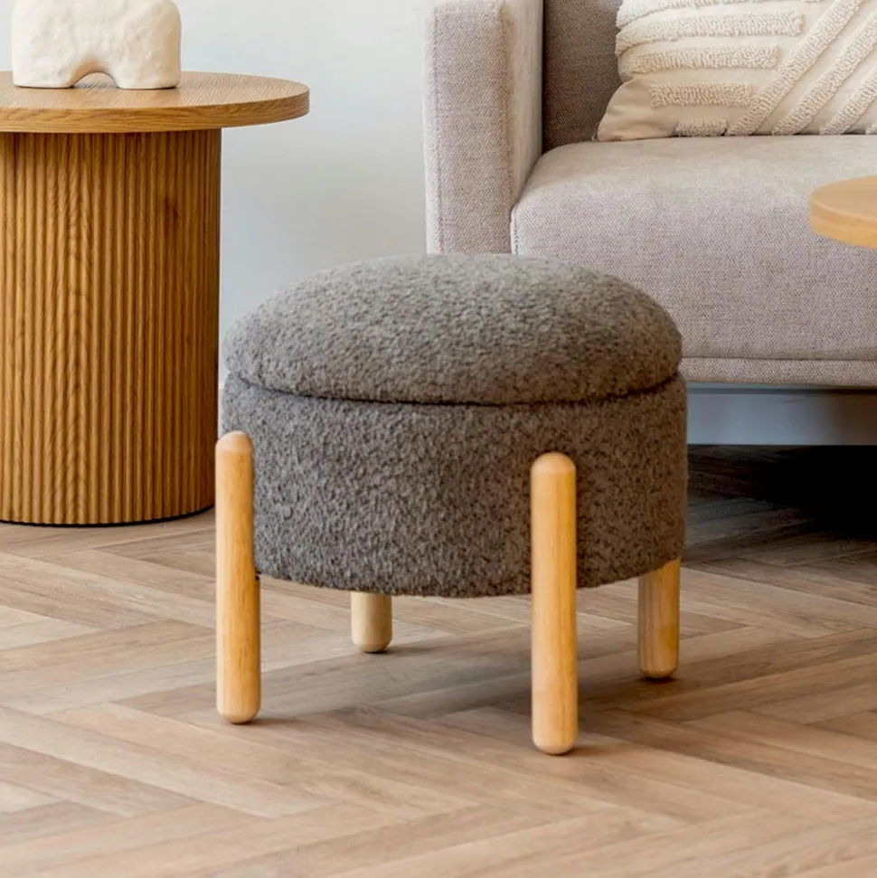 Pouf marron avec rangement, pieds en bois blond BRUGES