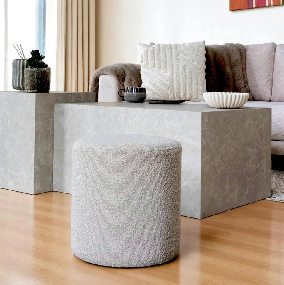 Pouf rond beige en tissu bouclette BRUGES