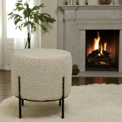Pouf rond taupe effet fourrure avec pieds en métal noir BRUGES