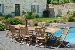 Salon de jardin en teck Table rectangle 200/300 cm et 8 chaises Lombock pliantes SUMMER
