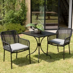 Salon de jardin 1 table carrée métal noir 70x70 cm - 2 fauteuils cordage noir 1 coussin gris GIJON
