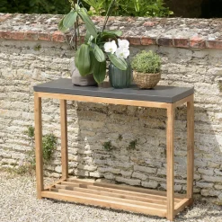Salon de jardin Aspect Béton et piètement en Acacia Table 200x100 + 2 bancs HERCULE