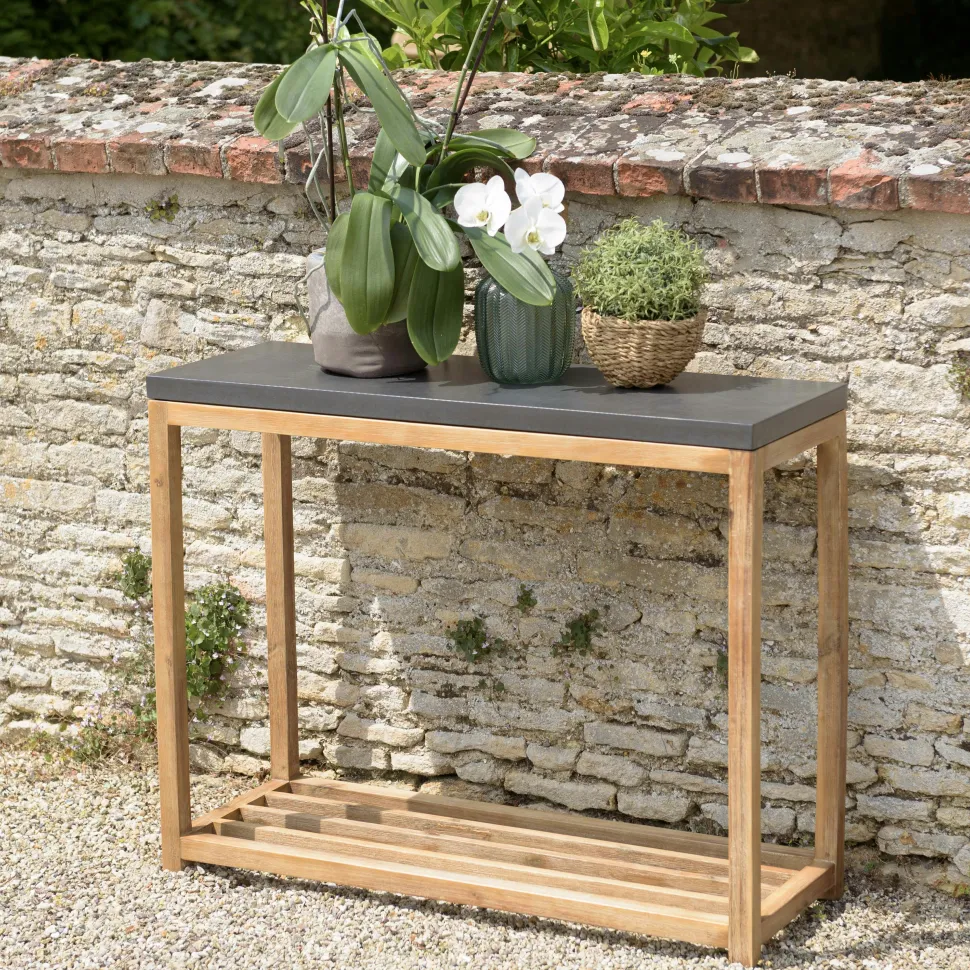 Salon de jardin Aspect Béton et piètement en Acacia Table 200x100 + 2 bancs HERCULE