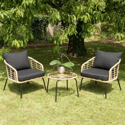 Salon de jardin détente 2 fauteuils 1 table basse rotin synthétique et coussins GIJON
