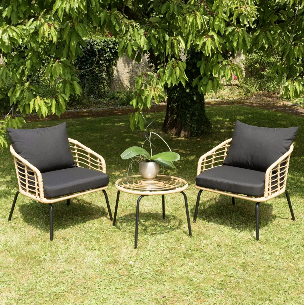 Salon de jardin détente 2 fauteuils 1 table basse rotin synthétique et coussins GIJON