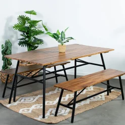 Salon de jardin en bois d'acacia (1 table à manger 160 cm + 2 bancs 130 cm) BAHIA