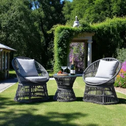 Salon de jardin en rotin synthétique gris (2 fauteuils et 1 petite table ronde) MENDOZA