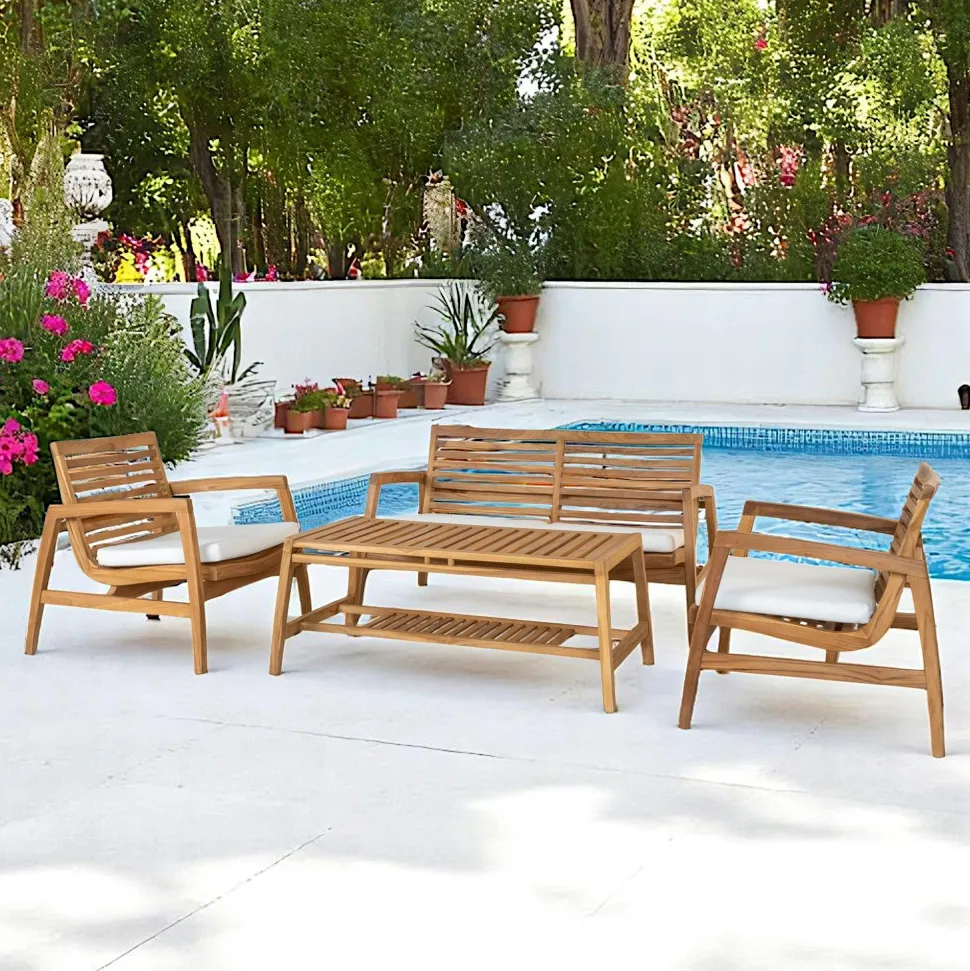 Salon de jardin en teck (1 canapé, 2 fauteuils, 1 table basse) MENDOZA