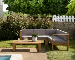 Salon de jardin en teck BERGEN (1 canapé d'angle 5 places, 1 table basse)