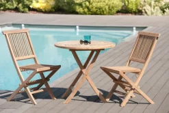Salon de jardin en teck brut Table ronde pliante 80cm 2 chaises SUMMER