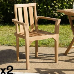Salon de jardin en teck brut Table ronde pliante 80cm 2 chaises SUMMER
