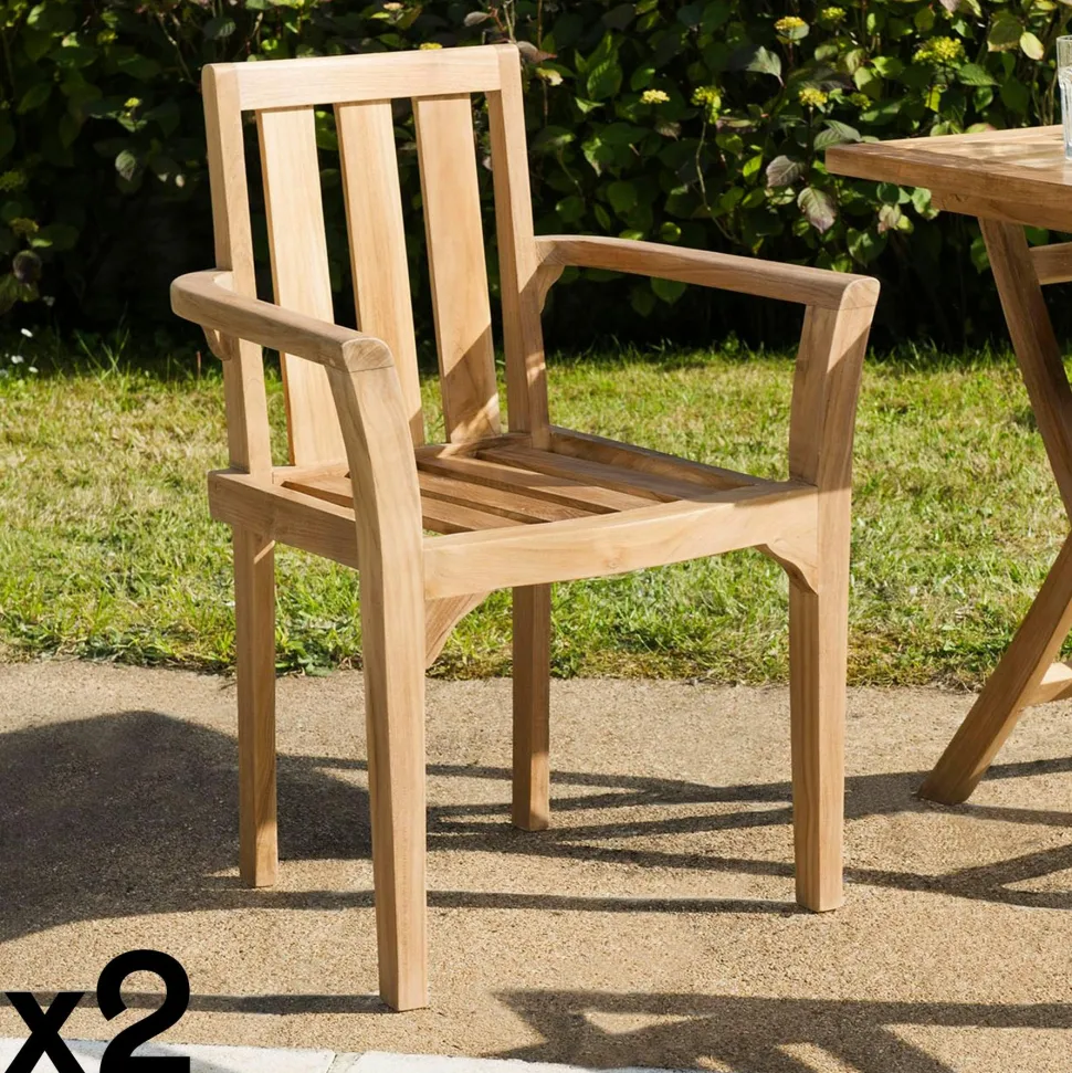 Salon de jardin en teck brut Table ronde pliante 80cm 2 chaises SUMMER