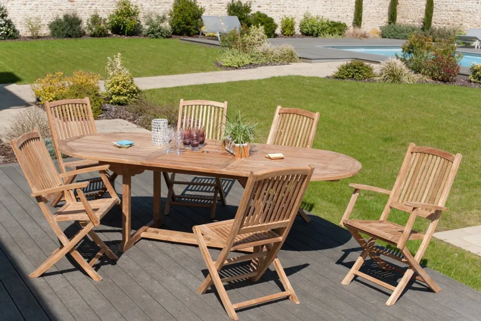 Salon de jardin en teck brut Table ronde pliante 80cm 2 chaises SUMMER