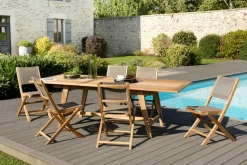 Salon de jardin en teck SUMMER (1 table de jardin extensible 180/240, 6 chaises)