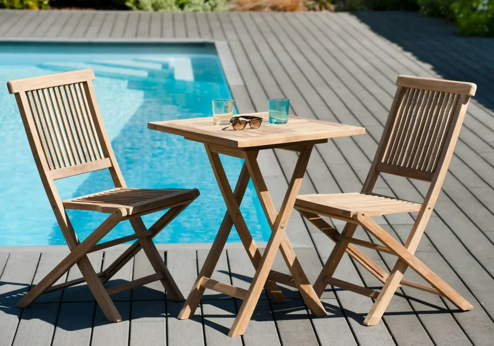 Salon de jardin en teck Table carrée 60 cm et 2 chaises Java pliantes SUMMER