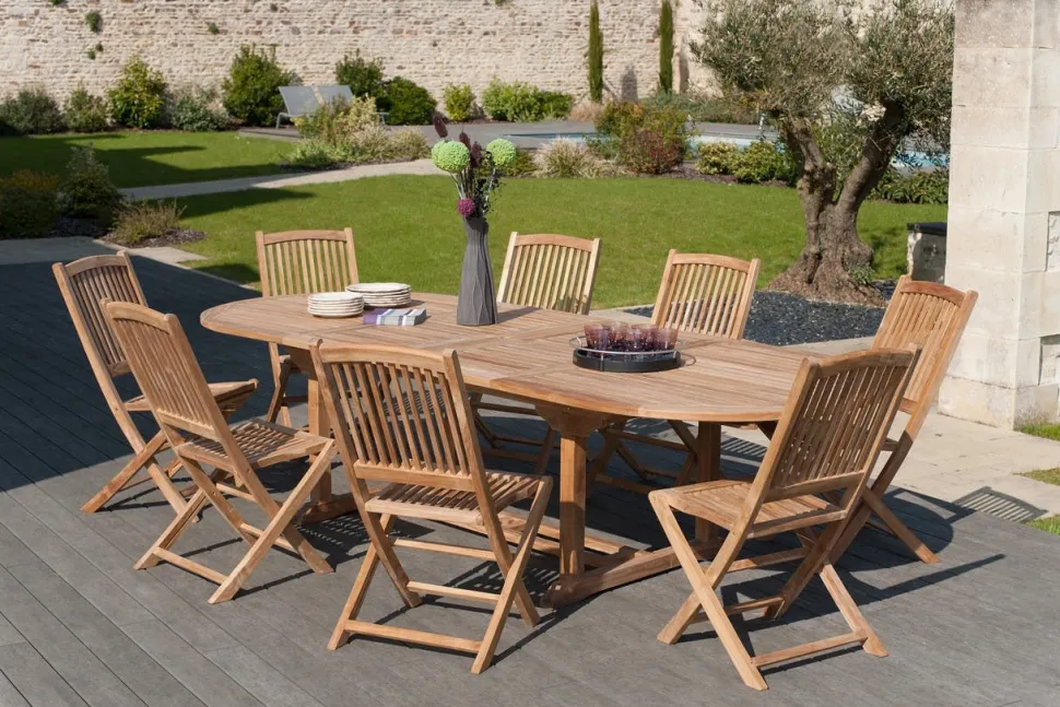Salon de jardin en Teck table ovale 200/300cm 8 chaises SUMMER
