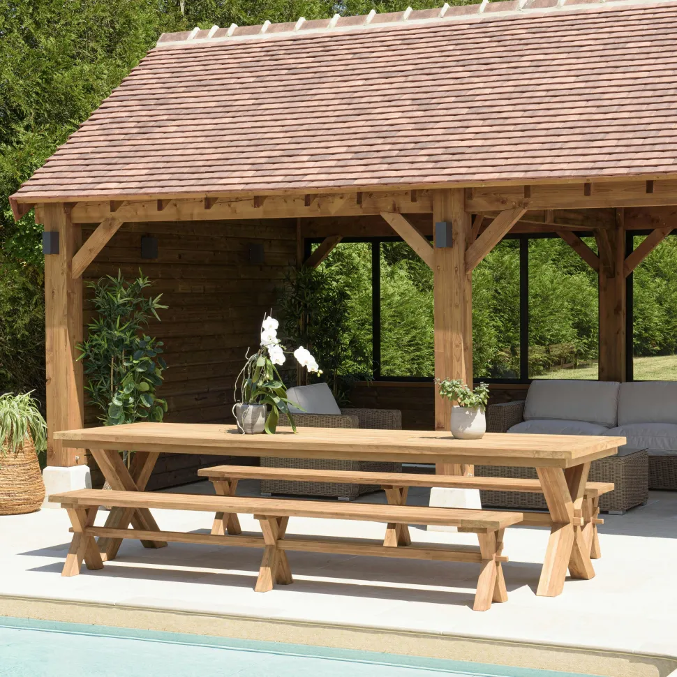 Salon de jardin pieds en croix teck recyclé naturel table 320 cm + 2 bancs 270 cm MANY