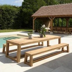 Salon de jardin pieds inclinés teck recyclé naturel table 300 cm + 2 bancs MANY