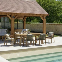 Salon de jardin table acacia et 6 fauteuils cordage vert avec coussins BAHIA
