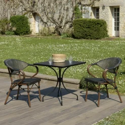 Salon de jardin table carrée noire 70x70 cm + 2 fauteuils bistrot tissu marron GIJON