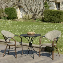 Salon de jardin table noire ronde D70 cm + 2 fauteuils bistrot tissu taupe GIJON