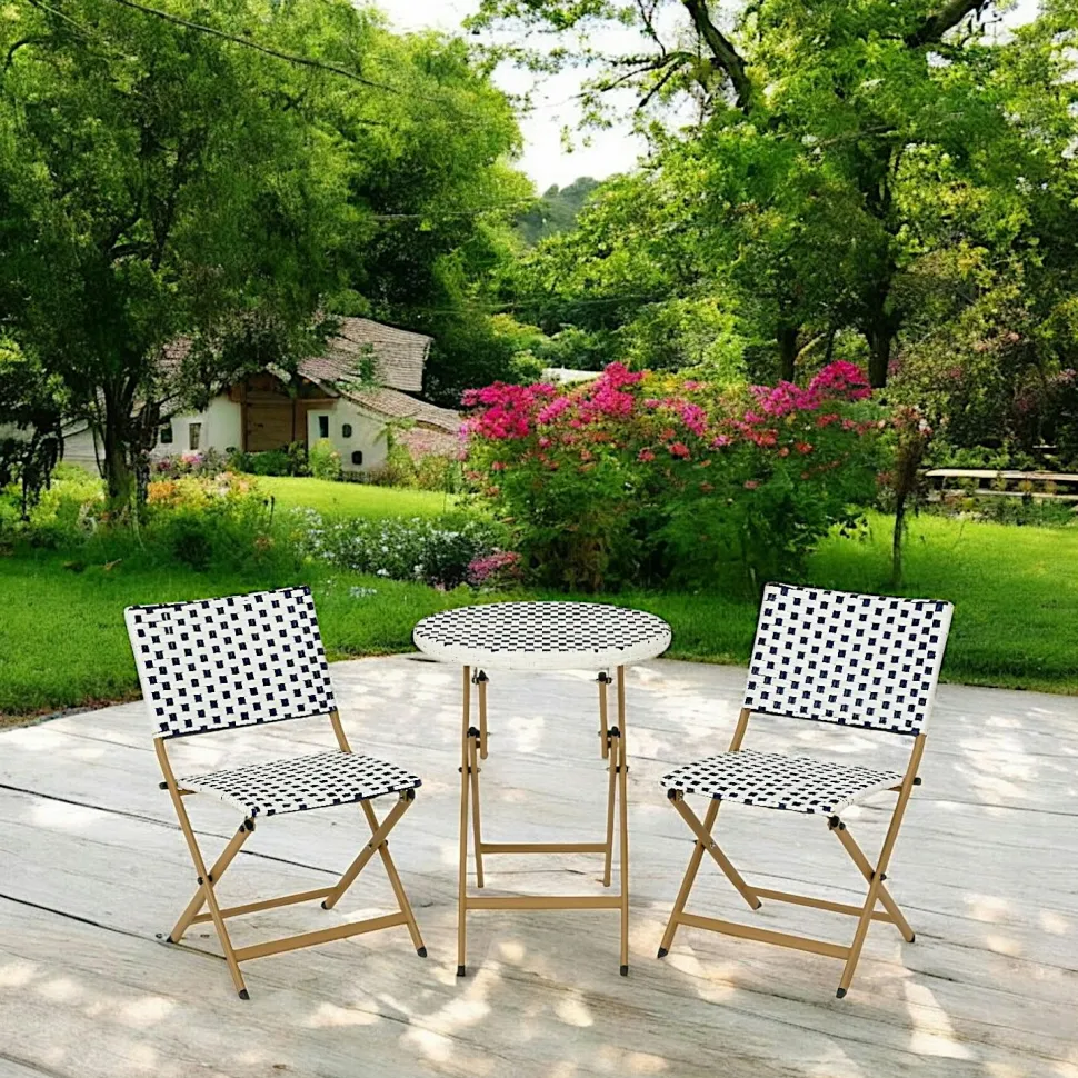Salon de jardin table ronde + 2 chaises résine blanche tressée motifs bleus BISTROT
