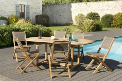Salon de Jardin Table Teck 150/200cm + 6 Chaises pliantes SUMMER