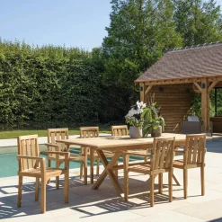 Salon de jardin teck brut table pieds en croix 180/240 + 6 fauteuils SUMMER