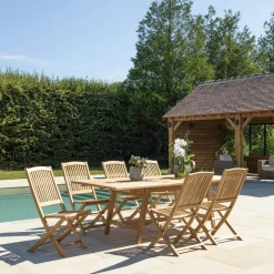 Salon de jardin teck brut table pieds tréteaux 180/240 + 6 chaises bord arrondi SUMMER