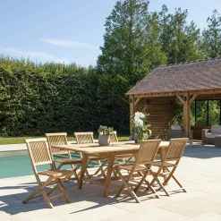 Salon de jardin teck brut table pieds tréteaux 180/240 + 6 chaises bord droit SUMMER
