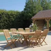Salon de jardin teck brut table pieds en croix 180/240 + 6 chaises bord arrondi SUMMER