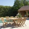 Salon de jardin teck brut table pieds en croix 180/240 + 6 chaises bord droit SUMMER