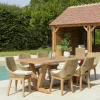 Salon de jardin teck naturel 1 table pieds en V 220 cm + 6 chaises résine tressée MANY