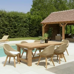 Salon de jardin teck naturel 1 table pieds droits 220 cm + 6 chaises arrondies résine tressée MANY