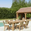 Salon de jardin teck naturel 1 table pieds droits 220 cm + 6 chaises résine tressée MANY
