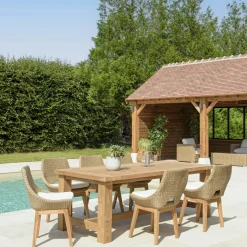 Salon de jardin teck naturel 1 table pieds droits 220 cm + 6 chaises résine tressée MANY