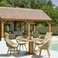 Salon de jardin teck naturel 1 table carrée 110 cm + 4 chaises arrondies résine tressée MANY