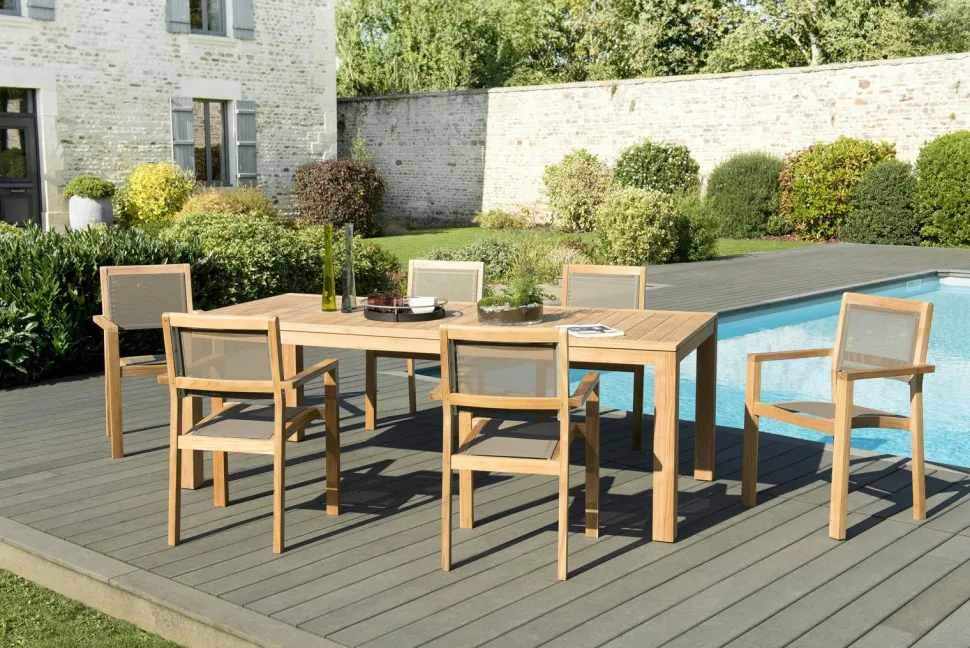Salon de Jardin Teck Table 220x100 + 6 fauteuils empilables BERGEN ref. 30020839