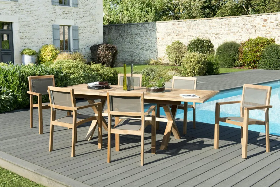 Salon de Jardin Teck Table extensible 180/240 + 6 fauteuils empilables SUMMER ref. 30020851