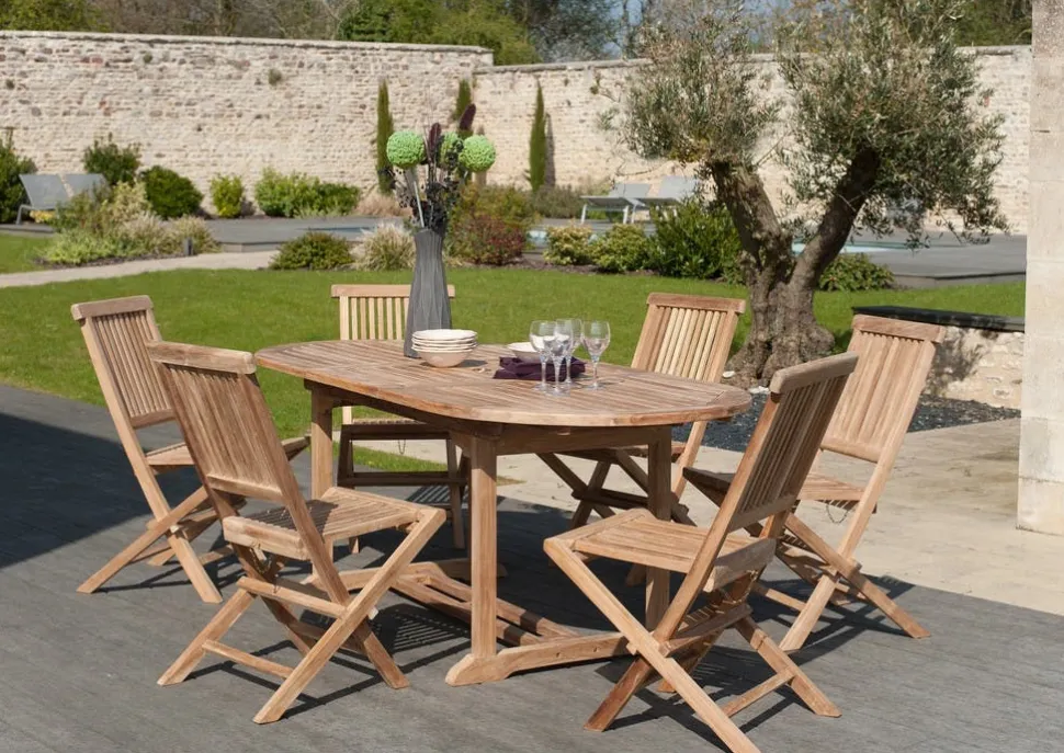 Salon de jardin Teck table ovale 150/200cm 6 chaises SUMMER