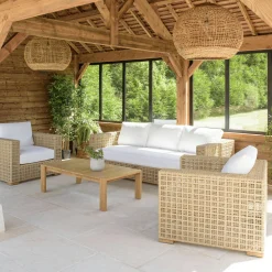 Salon de jardin tressage synthétique coussins blancs SUMMER