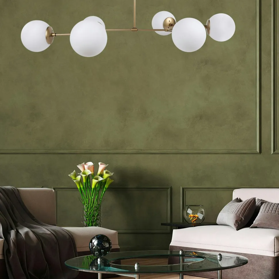 Suspension design dorée 6 globes verre dépoli SIERRE