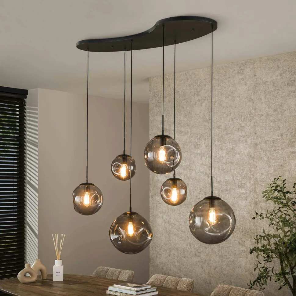 Suspension en verre fumé – 6 globes déformés NIAGARA