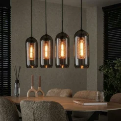 Suspension en verre fumé et métal cuivré 4 lampes horizontales NOVA