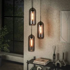Suspension en verre fumé et métal cuivré 4 lampes horizontales NOVA