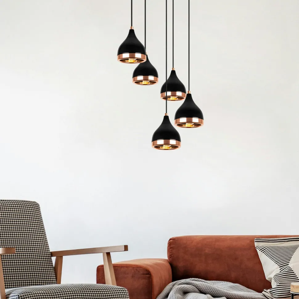 Suspension grappe moderne noire & cuivre, 5 abat-jour SILE