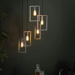 Suspension industrielle 5 lampes graphiques étagées argent vieilli RALF