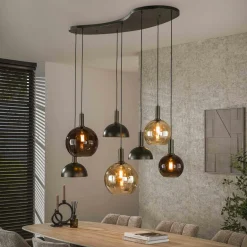 Suspension industrielle abat-jour verre et métal 7 lampes NOVA